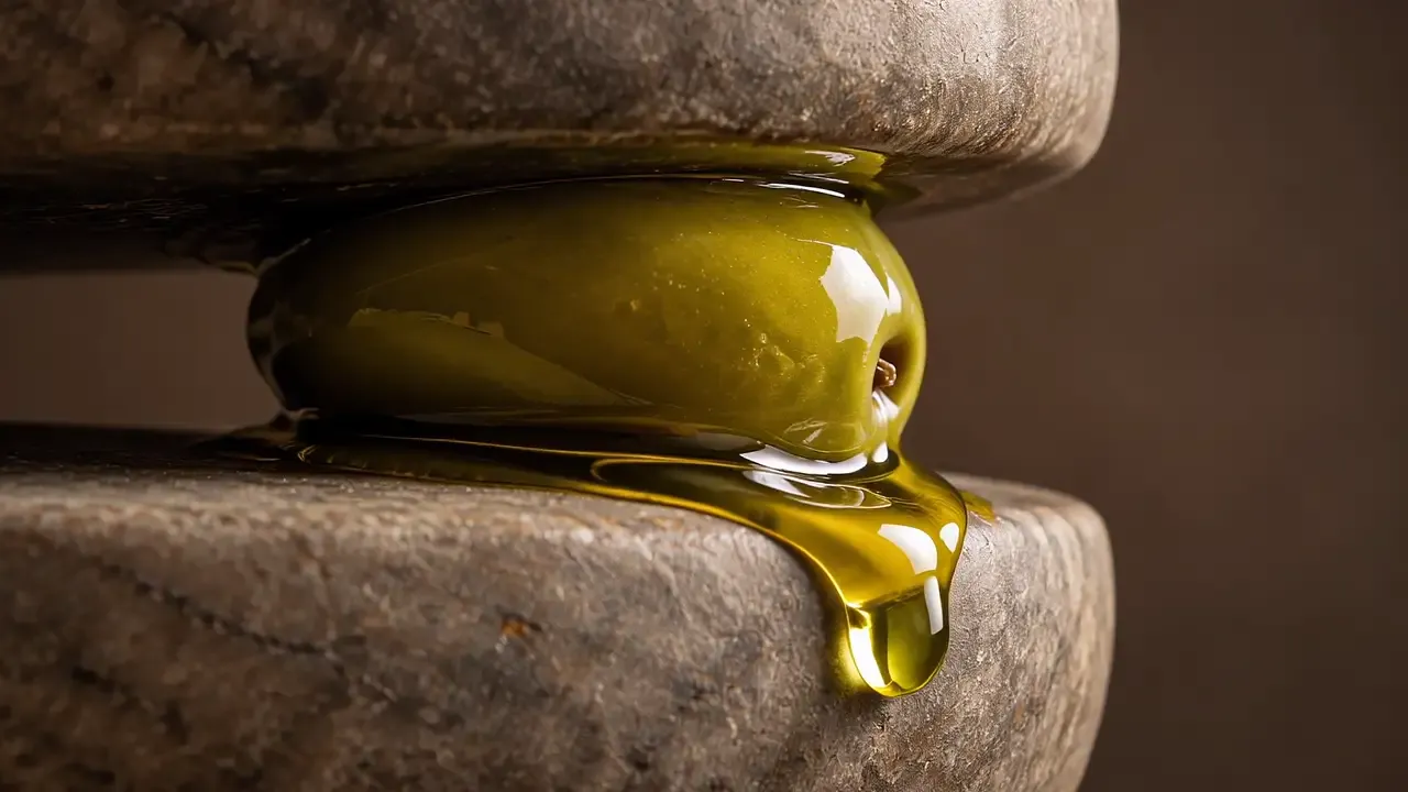 An olive pressed between two stones, oil gathering at its edge