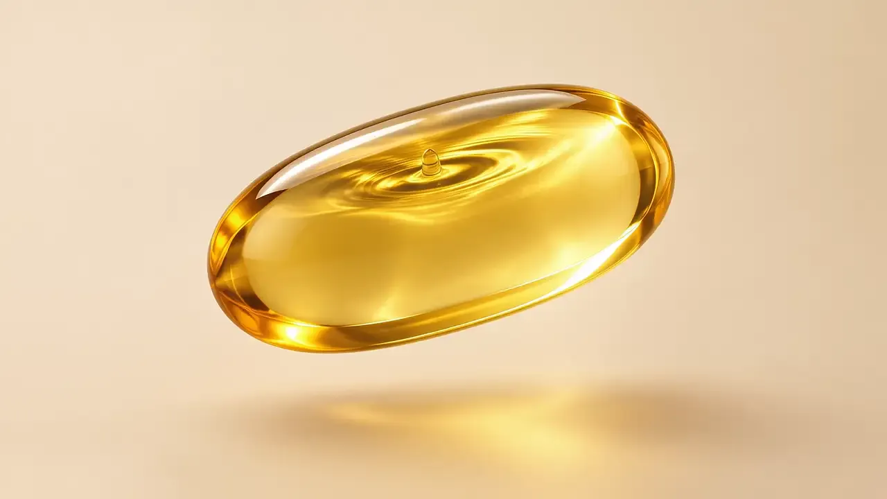 A golden LONGELIO softgel filled with olive oil